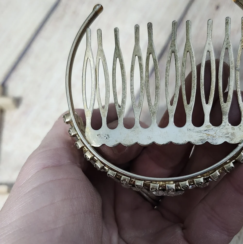 Vintage Light Gold 925 Marked Mini Tiara Rhinestone Comb